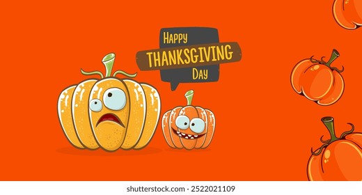 Funny Thanksgiving day wide banner with vector funny cartoon cute smiling friends pumpkins isolated on orange background. Thanksgiving day cute banner and label design template with pumpkins