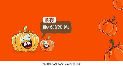 Funny Thanksgiving day wide banner with vector funny cartoon cute smiling friends pumpkins isolated on orange background. Thanksgiving day cute banner and label design template with pumpkins