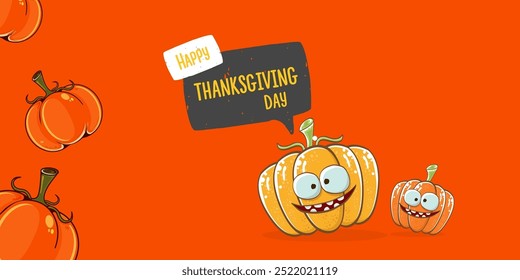 Funny Thanksgiving day wide banner with vector funny cartoon cute smiling friends pumpkins isolated on orange background. Thanksgiving day cute banner and label design template with pumpkins
