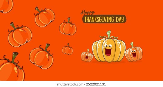 Funny Thanksgiving day wide banner with vector funny cartoon cute smiling friends pumpkins isolated on orange background. Thanksgiving day cute banner and label design template with pumpkins