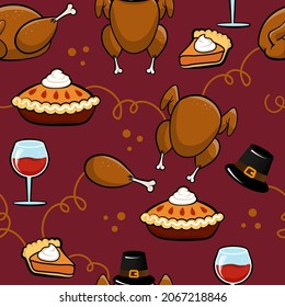 Funny Thanksgiving dinner pattern - hand drawn cartoon roasted turkey, pilgrim and wine pattern. Vector illustrations of a festive table with a pie, pumpkin, turkey and objects for a card, background.