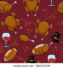 Funny Thanksgiving dinner pattern - hand drawn cartoon roasted turkey, pilgrim and wine pattern. American football season card, background.