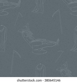 funny thematic seamless pattern with Halloween death laid in the chair. Seamless with skeleton and skulls. Day off for death. chilling