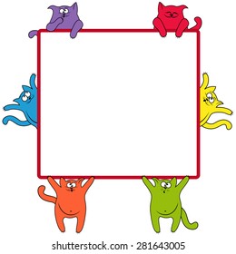 Funny thick color cats around a large square billboard, cartoon vector artwork