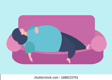 Funny thick or fat woman napping on sofa after hard working day being lazy. Stay home concept