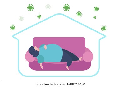 Funny thick or fat woman napping on sofa being lazy. Covid virus can not attcak her because she is inside house. Stay home concept