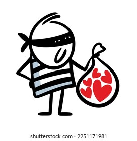 Funny thief in  black mask and striped robe holds a bag of hearts. Vector illustration of  robber in love.