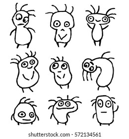 Funny Things in Different Shapes in Black White Colors Vector Illustration. Cartoon Isolated Characters Freehand Digital Drawing Set. Cheerful Collection Creatures for Cute Web Icons and Shirt.