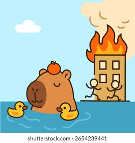 Funny "This is Fine" meme concept with a calm capybara relaxing in water, ignoring a burning building. Sarcastic vector illustration about chaos, stress, deadlines, and burnout. Perfect for office hum