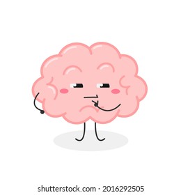 Funny thoughtful human brain with doubtful skeptical facial expression in pose of indecision. Vector flat illustration isolated on white background