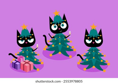 Funny three black cats dressed in Christmas tree costume, bringing a whimsical and festive vibe to holiday themed designs. Perfect for adding joy and humor to Christmas visuals with a playful twist. 