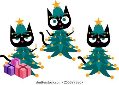 Funny three black cats dressed in Christmas tree costume, bringing a whimsical and festive vibe to holiday themed designs. Perfect for adding joy and humor to Christmas visuals with a playful twist. 