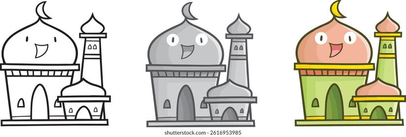 Funny three color version of green mosque cartoon illustration