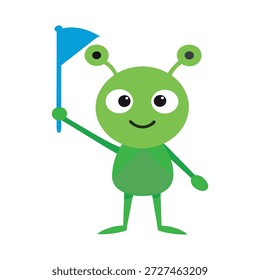Alien tridimensional engraçado segurando uma bandeira sorrindo com personalidade alegre no fundo branco