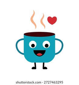 Personaje divertido de la taza de café tridimensional con corazones de vapor aislados sobre fondo blanco
