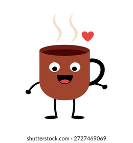 Funny three dimensional coffee cup character releasing steam shaped hearts on white background