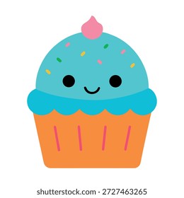 Lustiger dreidimensionaler Cupcake mit Sprinklern und fröhlichem Gesicht einzeln auf Weiß