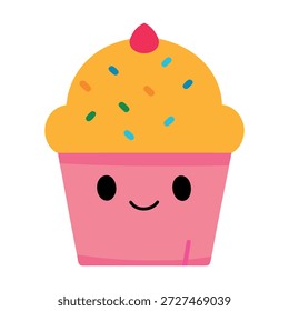 Engraçado cupcake tridimensional coberto com polvilhas e rosto alegre no fundo branco