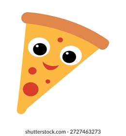 Lustige dreidimensionale Pizzaschnitte mit Cartoon-Augen und breitem Grinsen einzeln auf weißem Hintergrund