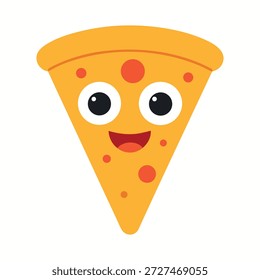 Divertido personaje de rebanada de pizza tridimensional con ojos de dibujos animados y amplia sonrisa sobre fondo blanco
