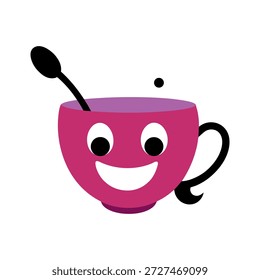Engraçado personagem xícara tridimensional sorrindo com colher flutuante no fundo branco