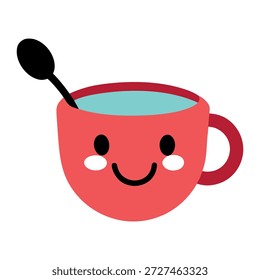 Taza de té tridimensional divertida que sonríe con la cuchara flotante aislada en el fondo blanco limpio