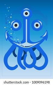 Funny three eyed anchor vector illustration smiling with tentacle, shadows and bubbles. With mason dollar pyramid under the sea.