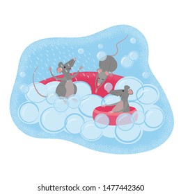 A funny three rats are bathing.  One rat dives, the second sits in a rubber ring, the third takes a shower. Cartoon children’s vector illustration in flat style with texture.