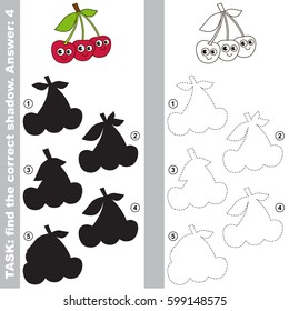 Funny Three Red Cherries with different shadows to find the correct one, compare and connect object with it true shadow, the educational kid game with simple gaming level.