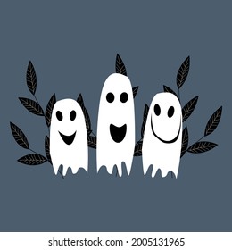 Funny three smiling ghosts among the black bush trees. Vector illustration for the holiday of Halloween. 
