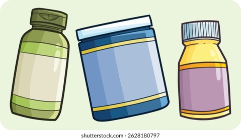 Funny three supplements packaging cartoon illustration set