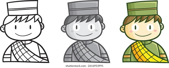 Funny three version boy with green muslim wardrobe cartoon illustration