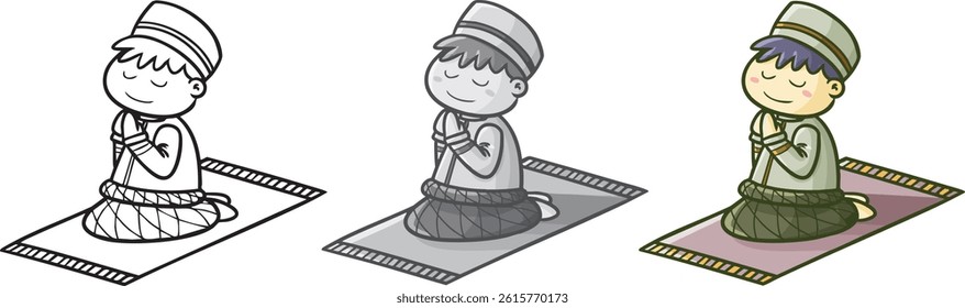 Funny three version muslim boy praying cartoon illustration