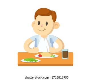 Funny tidy boy having a breakfast, cartoon character. Colorful flat vector illustration, isolated on white background.