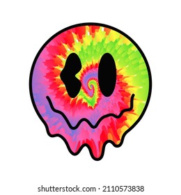 Funny Tie Dye Psychedelic Surreal Melt Smile Face.Vector Tiedye Cartoon Character Illustration Logo.Smile Smiley Groovy Face Tie Dye Melt,acid,techno,trippy Print For T-shirt,poster,logo Art Concept
