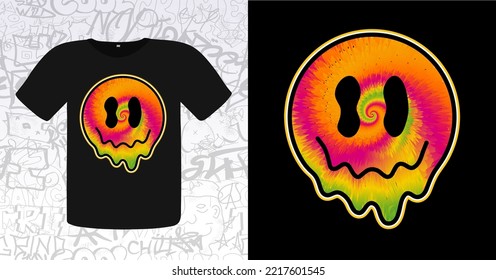 Funny tie dye psychedelic surreal melt smile face.Vector tiedye cartoon character illustration logo.Smile yellow groovy face tie dye melt,acid,techno,trippy print for t-shirt,poster,card concept