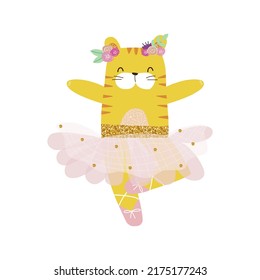 Funny tiger ballerina. Childish graphic. Vector hand drawn illustration.