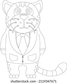 Funny tiger in a business suit. Vector illustration coloring book.