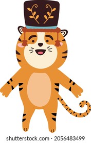 Funny Tiger with a cap the drummer, Vector illustration