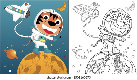 Funny tiger cartoon  in astronaut costume with shuttle, space element illustration, coloring book or page