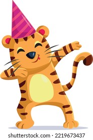 
Funny Tiger Cartoon Celebrating and Dancing Vector Character. Funny wild feline animal doing a dance and partying 
