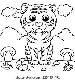 Funny tiger cartoon characters vector illustration. For kids coloring book.