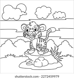 Funny tiger cartoon characters vector illustration. For kids coloring book.