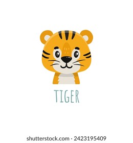 funny tiger in cartoon style. Flat animal. Doodle illustration of tiger  head for cards, magazins, banners. Vector