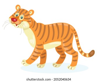 Funny tiger. In cartoon style. Isolated on white background. Vector flat illustration.