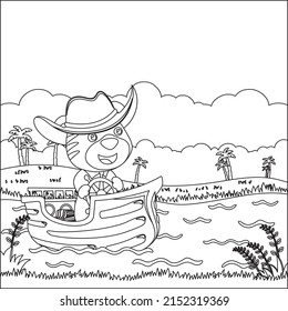 Funny tiger cartoon vector on little boat with cartoon style, Trendy children graphic with Line Art Design Hand Drawing Sketch Vector illustration For Adult And Kids Coloring