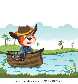 Funny tiger cartoon vector on little boat with cartoon style. Creative vector childish background for fabric, textile, nursery wallpaper, poster, card, brochure. and other decoration.