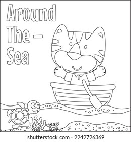 Funny tiger cartoon vector on little boat with cartoon style, Trendy children graphic with Line Art Design Hand Drawing Sketch For Adult And Kids Coloring book or page