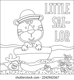 Gracioso vector de dibujos animados de tigres en un pequeño bote con estilo de dibujos animados, niños de moda gráficos con diseño de líneas de arte dibujos a mano para adultos y niños Coloreo libro o página