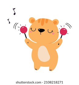Personaje De Tigre Divertido Jugando Maraca Interpretando Vector De Concierto Ilustración